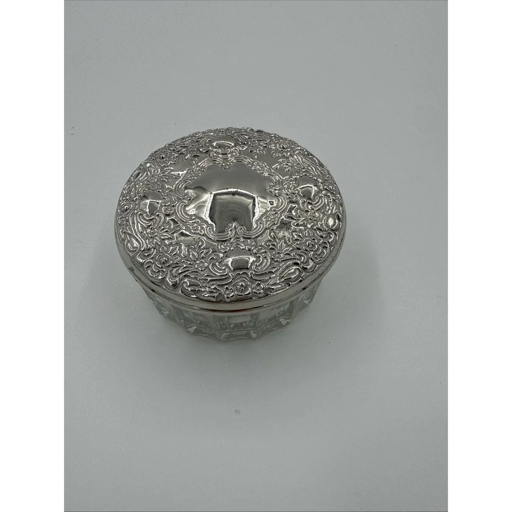 Ornate Silver-Plated Lid Glass Powder Jar with Powder Puff, Silver-Plated Metal